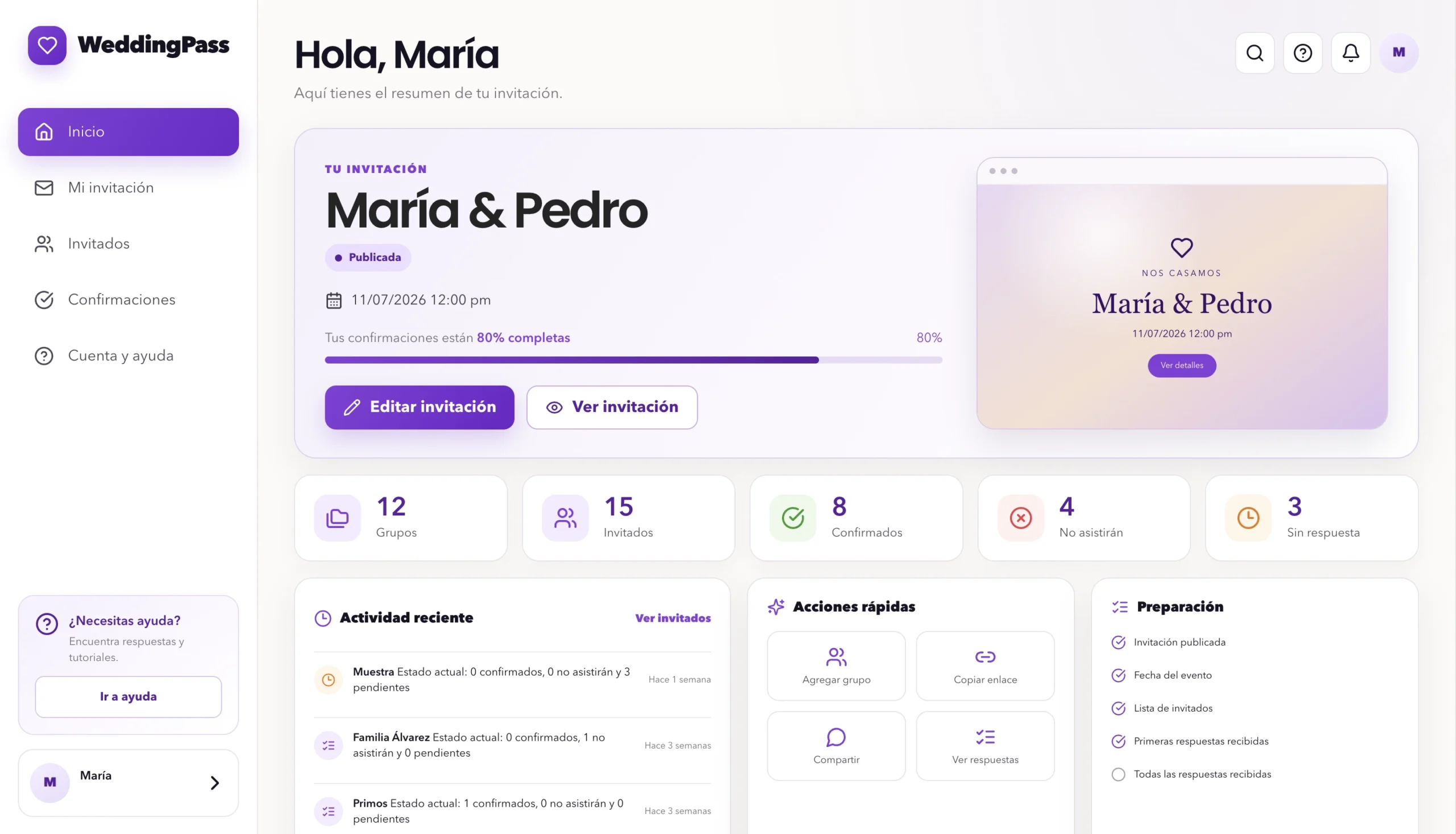 Dashboard de WeddingPass para administrar la invitación, invitados y confirmaciones
